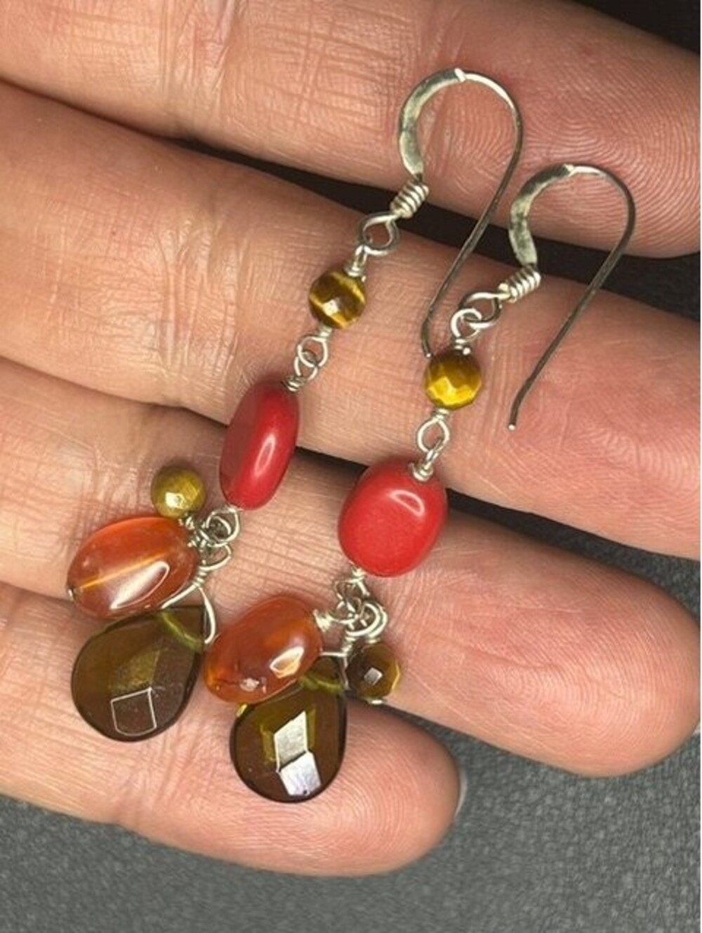 B7430 Artisan Dangle Earrings Sterling Silver Multi-Gem Coral Tiger Eye 2.25"